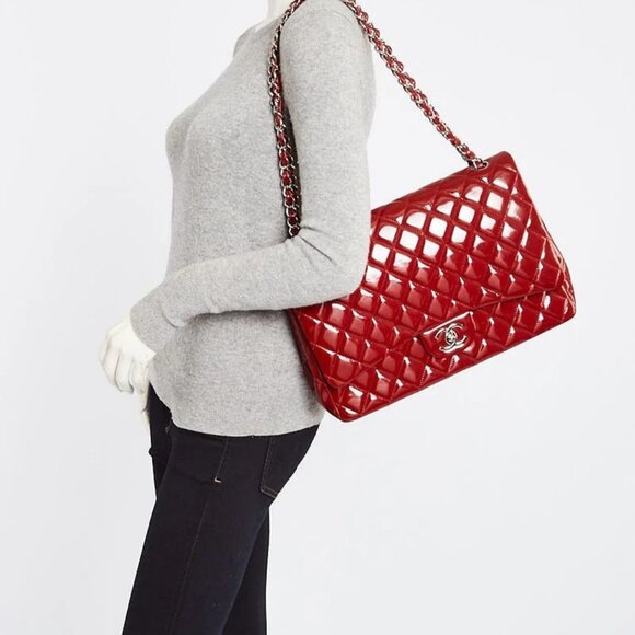 Chanel Dark Red Quilted Patent Leather Classic Maxi Double Flap Bag - Picture 2 of 10